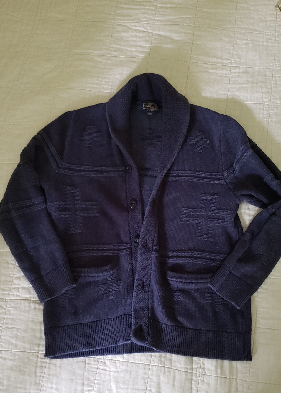 Pendleton Navy Cotton Cardigan Sweater Size Medium Cross Motif